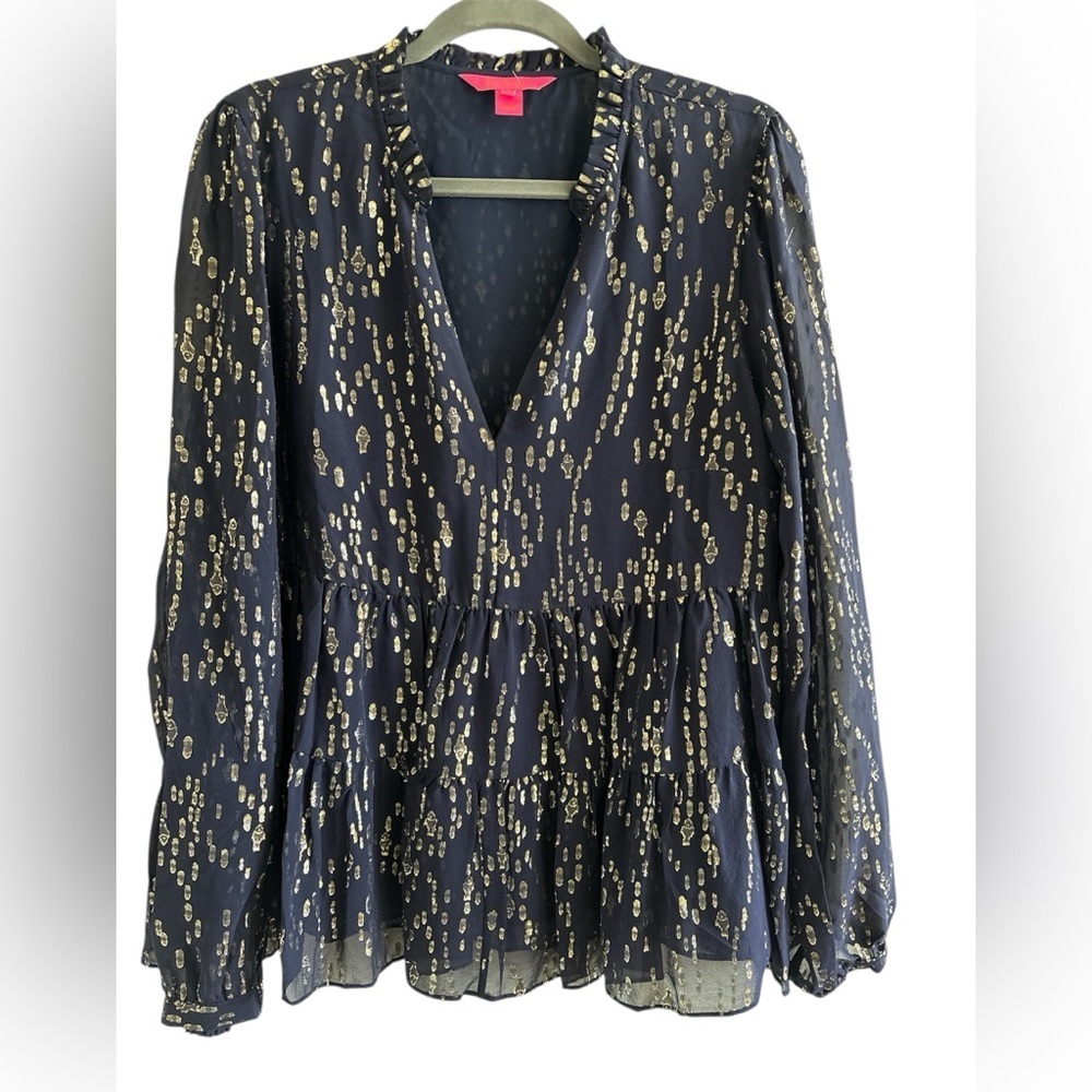 NWOT Lilly Pulitzer Sarina Long Sleeve Silk Metallic Top  Sz 12